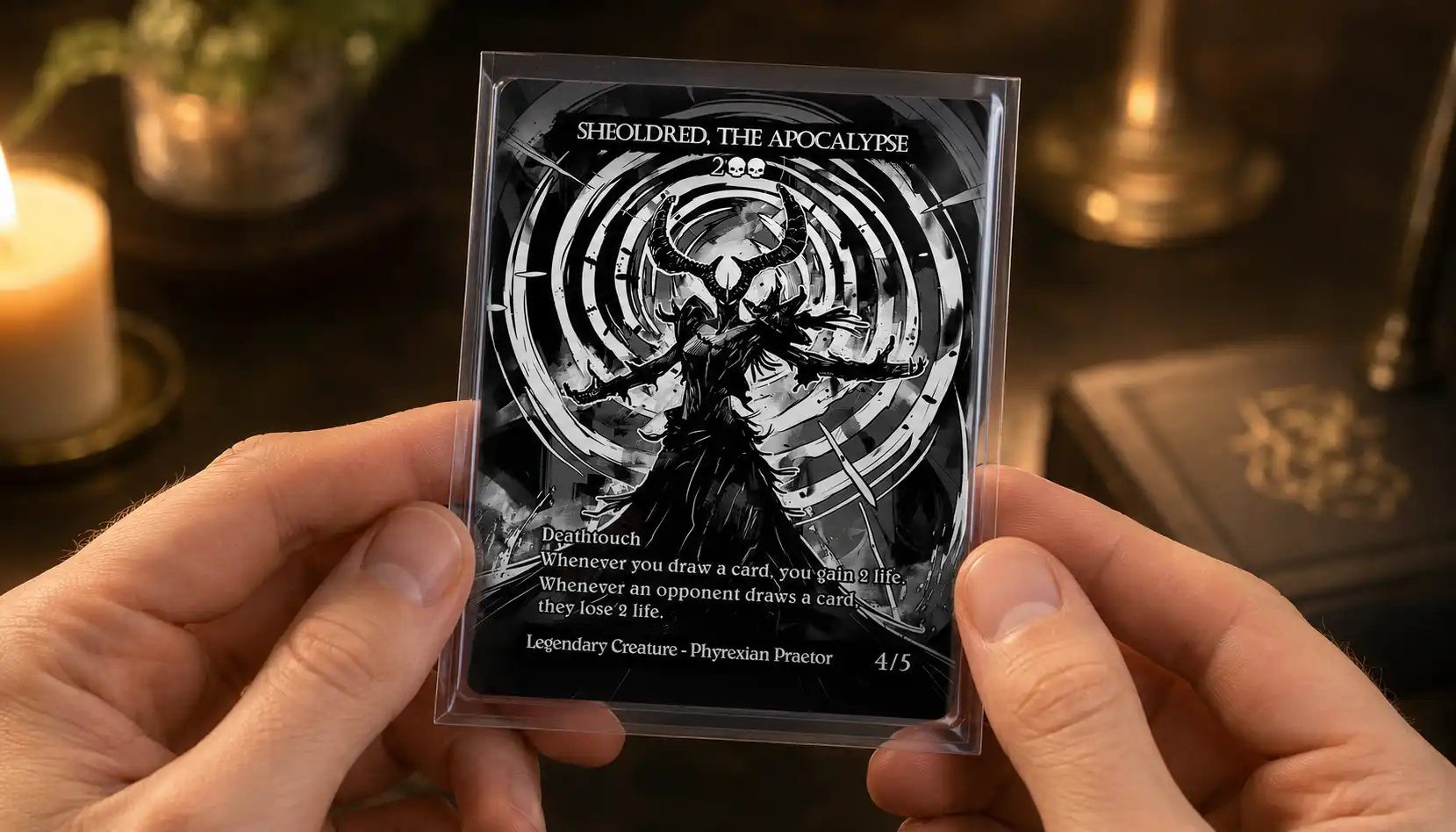 Sleeved custom cards handled beside a protective storage case