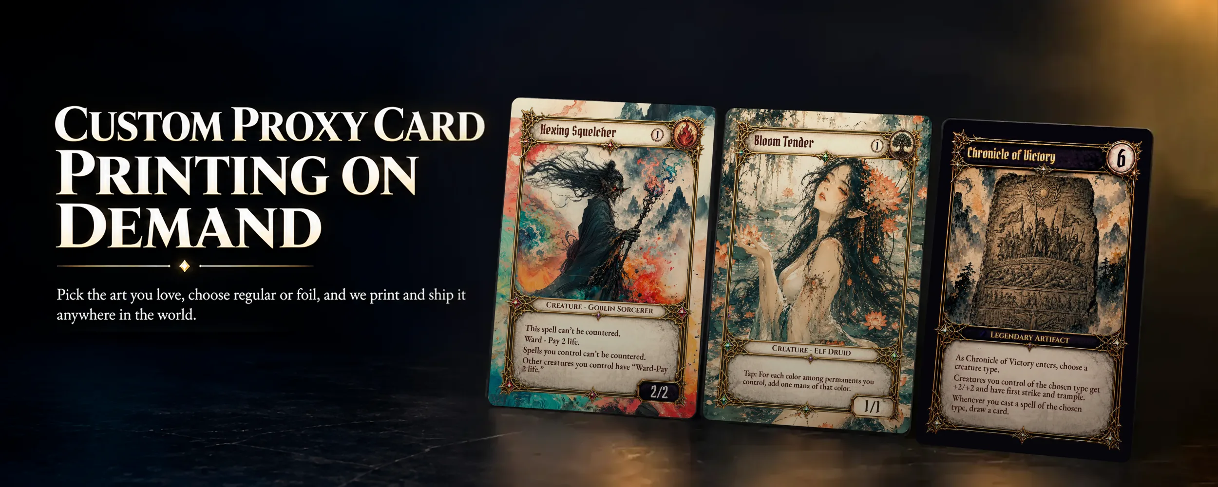 Three custom printed cards displayed under warm studio lighting